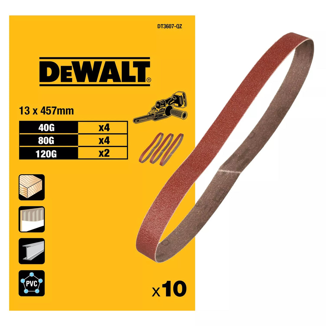 DeWALT DT3607 Sanding Belt Set — K40/80/120 — 13x455mm — 10pc